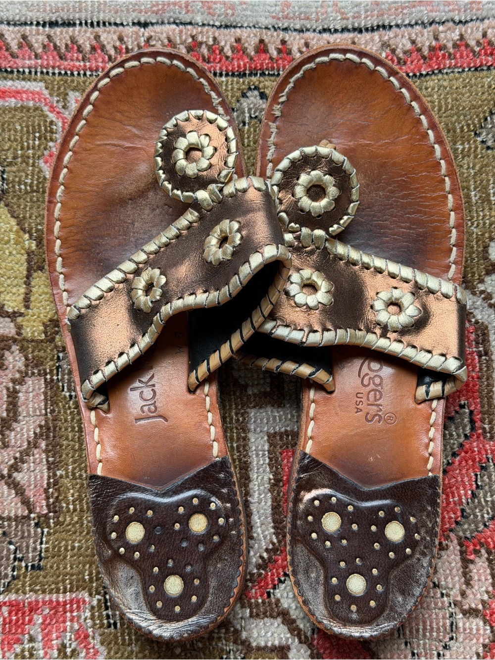 Jack Rogers Metallic Bronze and Tan Leather Sandals